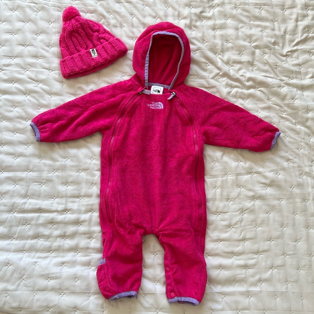 Infants The North Face plush bunting and knit hat bundle.